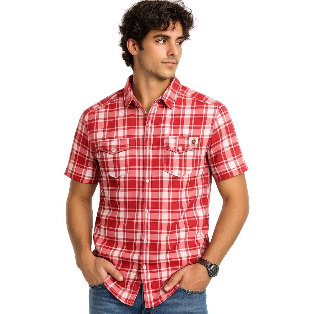 i Jeans By Buffalo Plaid Shirt Size XL Red White Short Sleeve Button Front New